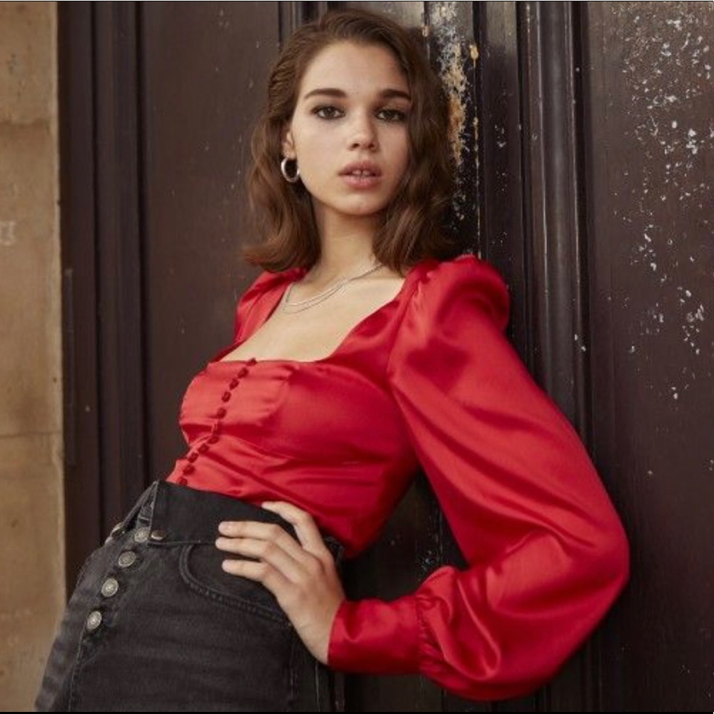 The Kooples Red Satin Puff-Sleeve Blouse S